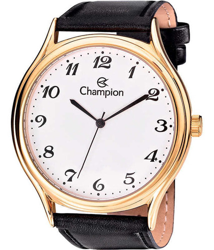 Relógio Masculino Dourado Champion Pulseira Couro Preta + Nf