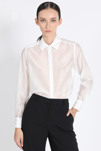 Camisa Semi Transparente Con Strass, Crudo Liola