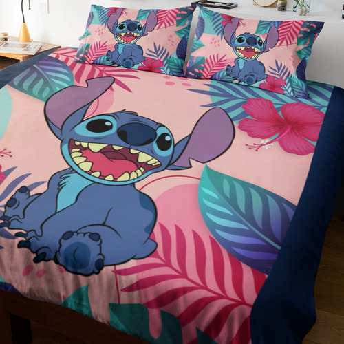 Lençol Casal Stitch Feliz Floral Quarto Menina Cama Posta Fã