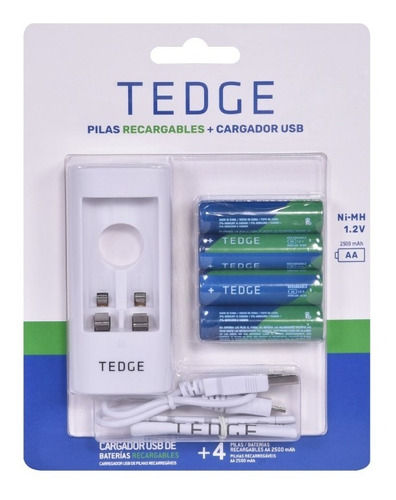 Pilas Recargables Aa 2500mha Por 4u + Cargador Usb Tedge