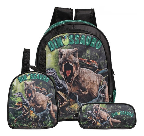 Kit Mochila Escolar Bolsa Dinossauro T-rex Zoo Menino Costas