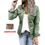 Camisa Jeans Feminina Slim Fit, Abrigo De Color Liso