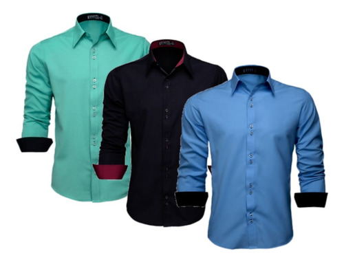 Kit Com 3 Camisas Social Masculina Slim Blusa Longa Lisa