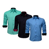 Kit Com 3 Camisas Social Masculina Slim Blusa Longa Lisa