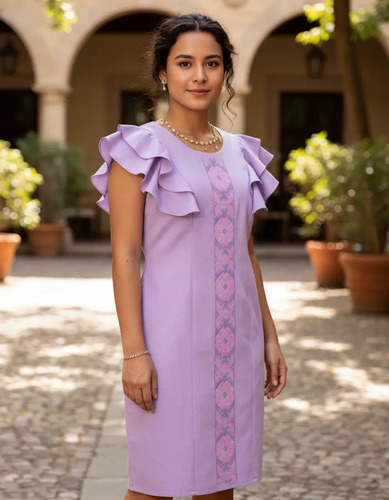Vestido Artesanal Yucateco Con Bordado Jaiba Lila Lino Flame