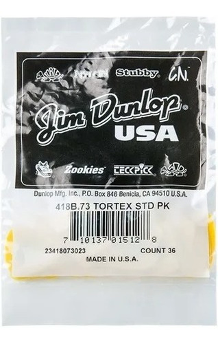 Puas Dunlop Tortex Standard .73 Amarillo 418b.73 (36 Piezas)