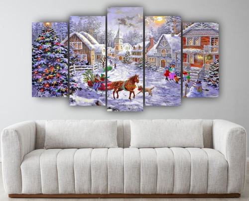 Set De 5 Cuadros Decorativo Paisaje Navideño Arte Moderno