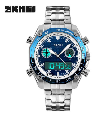 Reloj Skmei 1204 Hombre Acero Azul Cronometro Alarma Color De La Malla Plateado