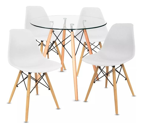 Kit Mesa Eames Minimalista Vidrio Y 4 Sillas Eames Blancas