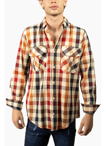 Camisa Caballero Mister Ortega Cuadros Beige / Rojo Mr.1056