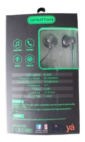 Audífonos In-ear Spartan Bigbass Cable Hilo Trenzado Hf M308