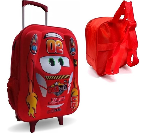 Kit Mochila 3d Infantil Lancheira Rodinhas Carro Relâmpago