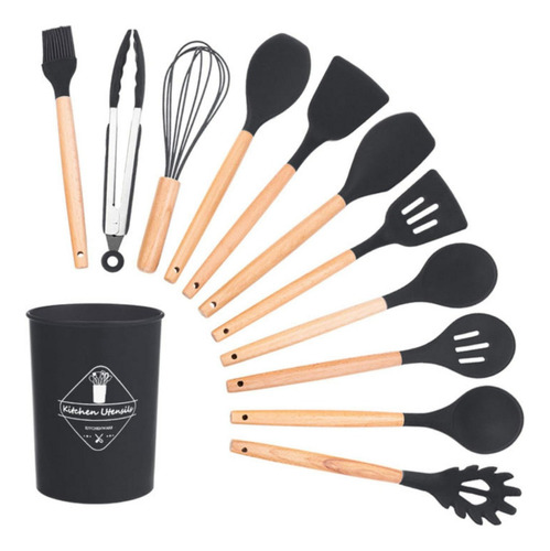 Kit 12 Utensílios De Cozinha Em Silicone E Cabo De Madeira