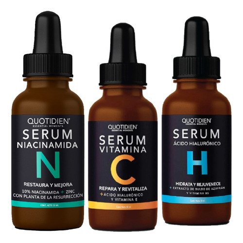 Kit 3 Serums: Vitamina C + Ácido Hialurónico + Niacinamida