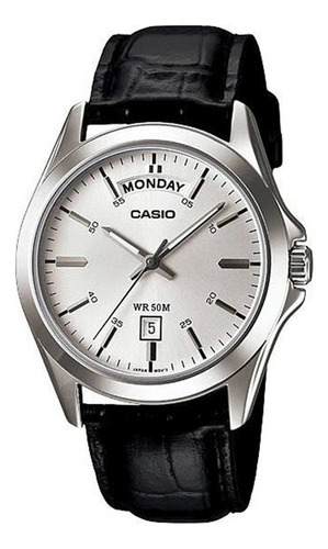 Reloj Casio Hombre Mod Mtp-1370l Malla De Cuero Clock-time Color De La Malla Negro Color Del Fondo Plateado