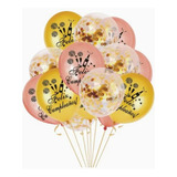 Set De Globos Feliz Cumpleaños Dorados Y Rosados 14 Pcs 