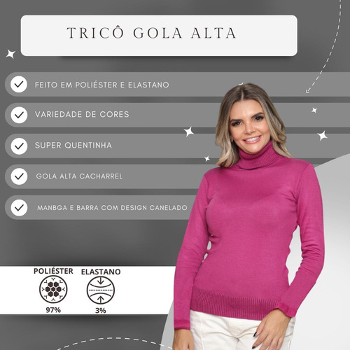 Kit 2 Blusa Feminina Tricô Gola Alta Cacharrel Elastano Lisa