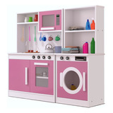 Mini Cozinha Infantil + Maquina Lavar Rosa 100% Mdf
