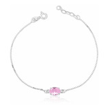 Pulseira Pedra Oval Rosa Caixinha Bracelete Prata Legitima