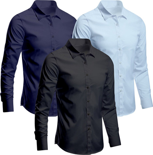 Kit 3 Camisa Social Masculina Slim Fit Manga Longa Promoção