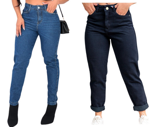 Kit 2 Calça Jeans Feminina  Mom Wide Leg Cintura Alta Barato