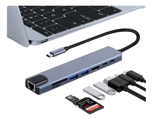 Hub Convertidor Usb 3.0 Tipo C Multipuerto 8 En 1 Ethernet