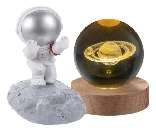 Lampara Esfera De Cristal 3d Con Base De Madera Y Astronauta