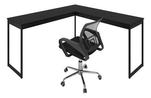 Kit Mesa Em L Industrial 150x150cm + Cadeira Giratória Mesh