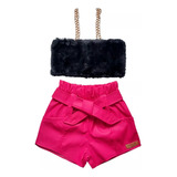 Conj. Infantil Cropped Pelúcia+ Short Couro Fake Moda Diva