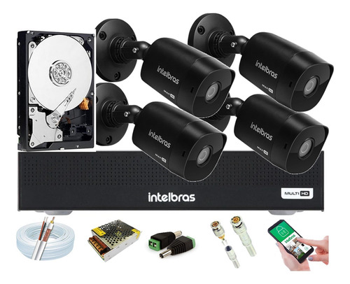 Kit 4 Cameras Black Intelbras, Dvr 4ch Intelbras, Hd Incluso