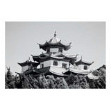 Vinilo 80x120cm Japones Templo Buda Edificio Blanco Negro