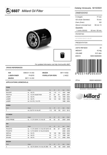 Filtro De Aceite Millard Ml-6607 Ford Festiva Laser Mazda 3 Foto 4