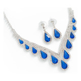 Conjunto Collar Y Aros Piedras Strass Gotas Azul Francia.