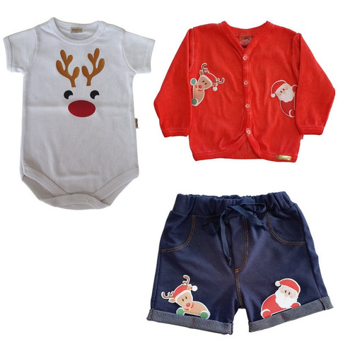 Body + Cardigan + Shorts Roupa Menino Bebê Natal