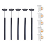 Kit 5 Luminária Pendente Tubo Preto 50cm Led Branco Quente Iluminar Ambiente