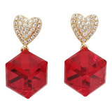 Aretes Largos Corazón Swarovski Elements Broquel Cubo Rojo