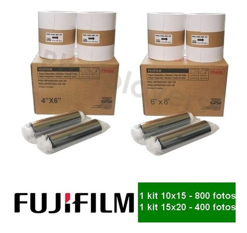 Kit Papel Fuji Ask300 10x15 800 Copias E 15x20 400 Cópias