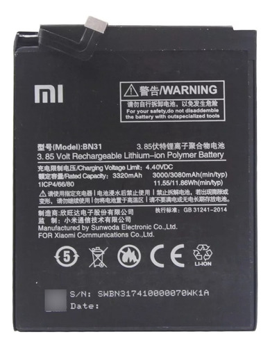 Bateria Xiaomi  Mi A1 Note 5a 5 Prime Redmi S2 Codigo Bn31