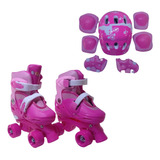 Patins 4 Rodas Rosa Com Kit De Proteção Elite Tamanho:28/31