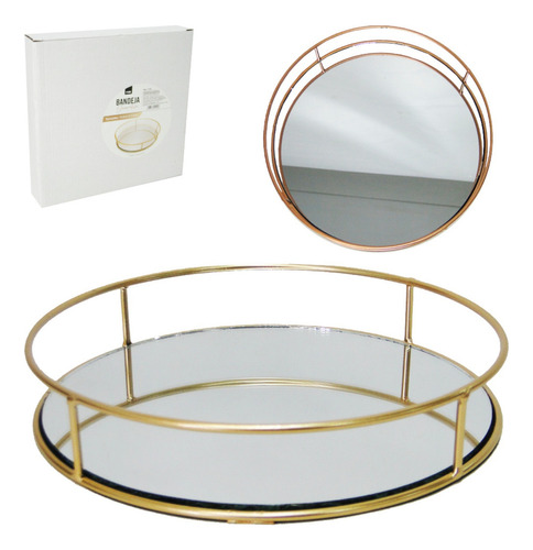 Bandeja Espelhada Decorativa Redonda Metal Lavabo Banheiro