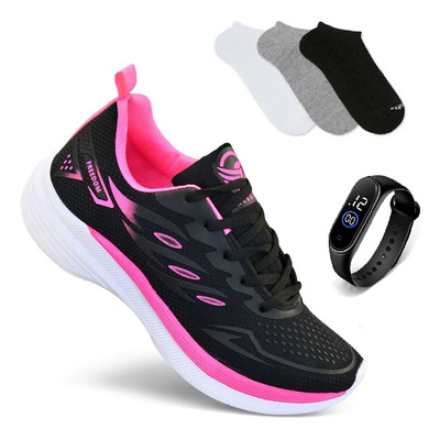 Kit Tenis Feminino + Relogio + Meia Academia Corrida Treino Preto/pink 40 Br