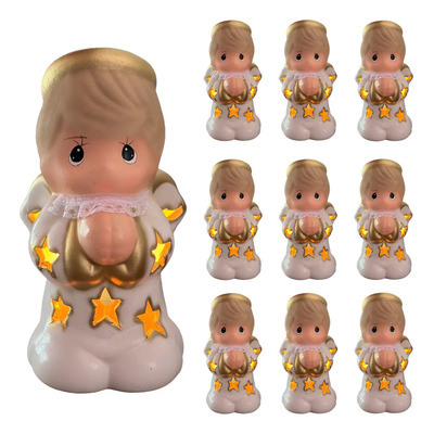 Lote 10 Centros De Mesa Angelito Blanco 20cm Luz Cálida 120v Recuerdos Bautizo Primera Comunión Lámpara Fiesta Religiosa Cerámica Infantil Decoración | Envío gratis