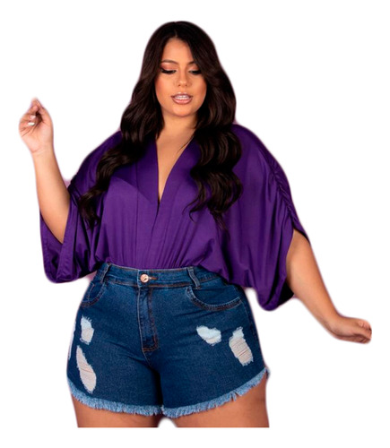 Short Jeans Feminino Plus Size Barra Desfiada Rasgado