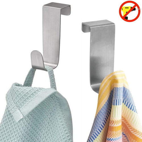 Set X2 Toallero Percha Gancho Puerta Cajón Baño Cocina Inox Color Plateado