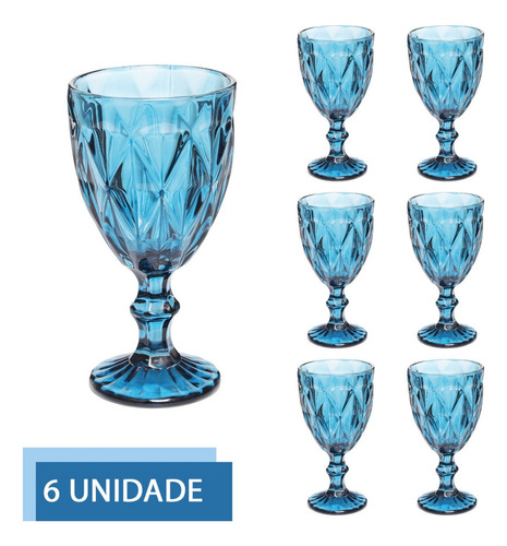 Conjunto 6 Copos Azul Taças Diamante Para Agua Vinho 300ml