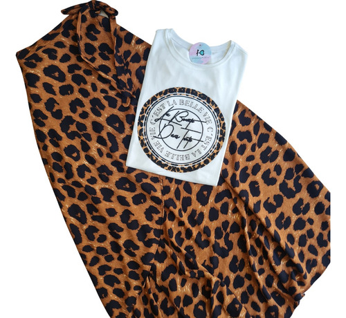 Conjunto Feminino Saia Envelope Camiseta Animal Print Onça 