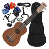 Kit Ukulele Soprano Elétrico Cordas Aquila Sapele Natural