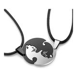 Collar Gato Parejas Yin Yang Amor Acero Inoxidable Y Cuero