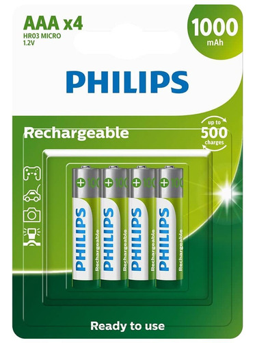 04 Pilhas Aaa Philips Recarregável 1000mah 3a Palito 1 Cartela