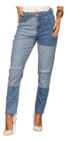 Calça Jeans Feminina Mom Com Rasgos Bicolor 100% Algodão